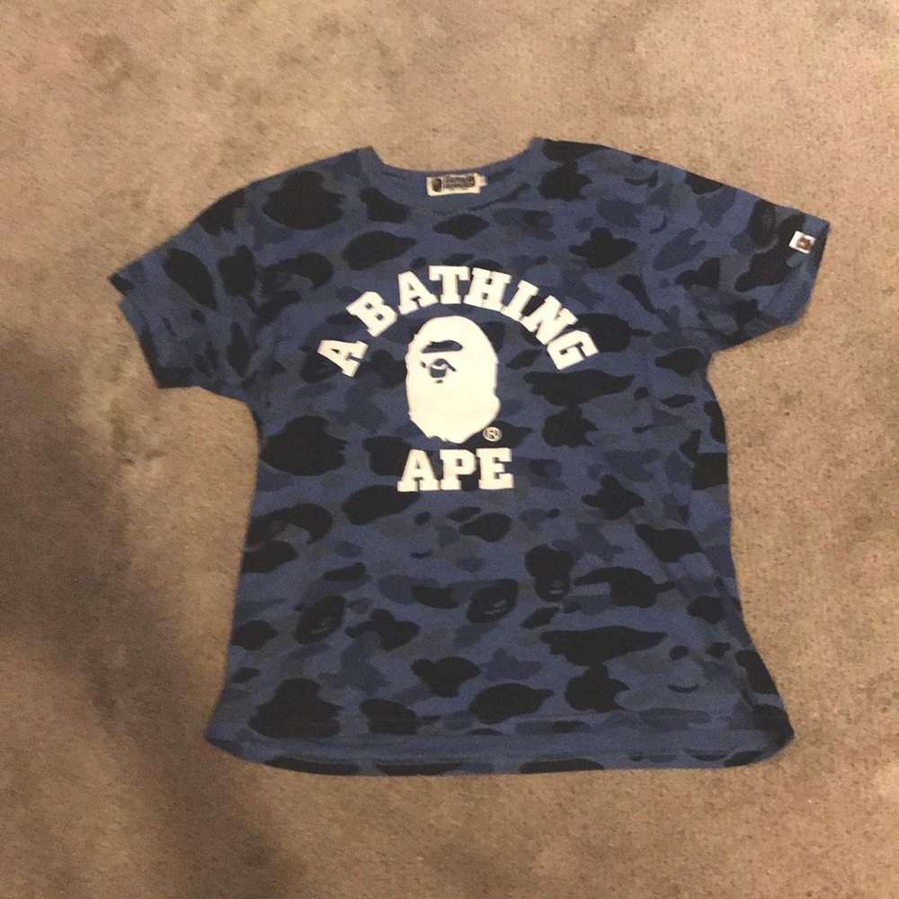BAPE blue camo ape face tee